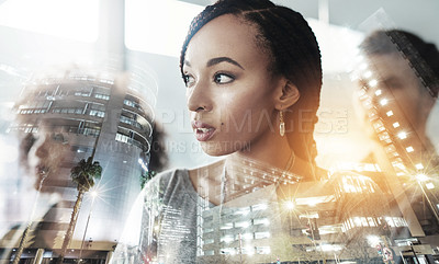 Buy stock photo Multiple exposure shot of businesspeople superimposed over a cityscape
