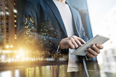Buy stock photo Multiple exposure shot of an unrecognisable businessman using a digital tablet superimposed over a cityscape