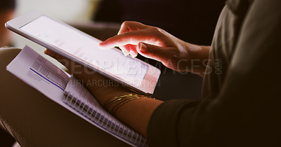 Buy stock photo Cropped shot of an unrecognizable businesswoman using a tablet in her office