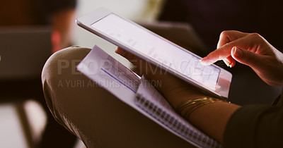 Buy stock photo Cropped shot of an unrecognizable businesswoman using a tablet in her office