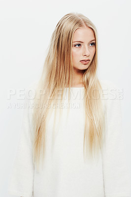 Buy stock photo Woman, natural and beauty in haircare, cosmetics or makeup on a white studio background. Face of young female person, blonde or attractive model with long healthy hairstyle, glow or shine on mockup