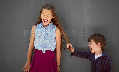 Buy stock photo Shot of a young boy pulling his sister's hair against a gray background