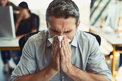 Buy stock photo Sick businessman, tissue and blowing nose with allergies, flu or fever from illness at the office. Man employee with cold virus, allergy or sinus in sneeze suffering disease or symptoms at workplace