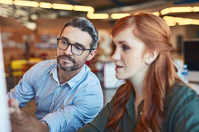 Buy stock photo Businessman, computer and coach in team collaboration for ideas, strategy or planning at the office. Man mentor coaching woman and training staff on technology in teamwork for solution at workplace