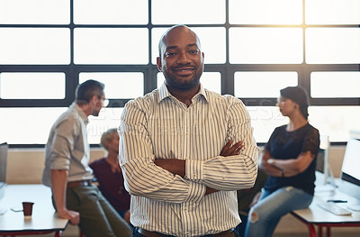 Buy stock photo Portrait, confidence and happy business man in office for integrity, pride and coworking at agency. Face, leader and  manager or creative writer with arms crossed in startup for expert experience