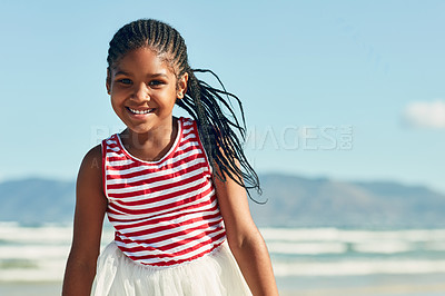 Buy stock photo Portrait of an adorable little girl having fun at the beach