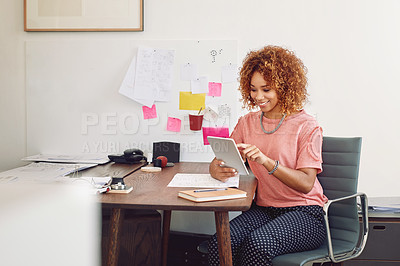 Buy stock photo Happy woman, networking or designer with tablet for research or analysis online on website. Communication, email or person working on business update on internet or app with smile in startup office