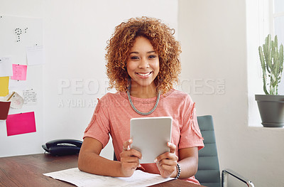 Buy stock photo Portrait, woman or happy designer with tablet for research, technology or analysis online on website. News, email or person working stats update on internet or app with smile in startup or office