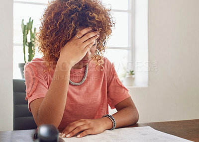 Buy stock photo Headache, paperwork or secretary in office for administration, documents report or project deadline. Migraine pain, stress or frustrated woman at desk reading research, agenda or human resources info