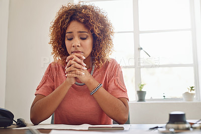 Buy stock photo Office, woman or worker praying, faith or hope for career, job or work opportunity in workplace for God. Trust, worship or employee with admin stress, worry or anxiety for religion, help or support
