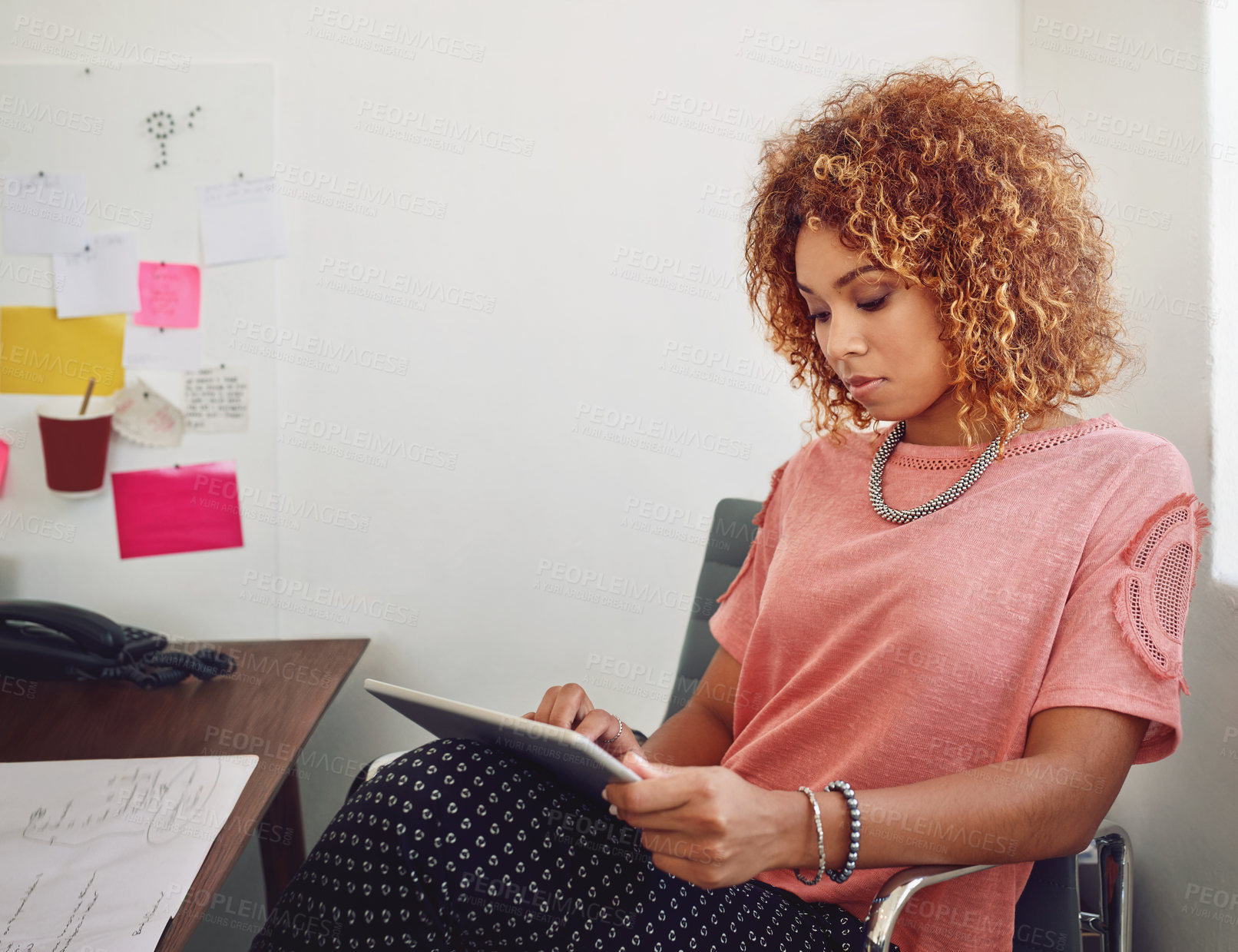 Buy stock photo Communication, woman or designer with tablet for social media, technology or typing online. Business, networking or worker in office on break on blog for web design update or research on app or iot