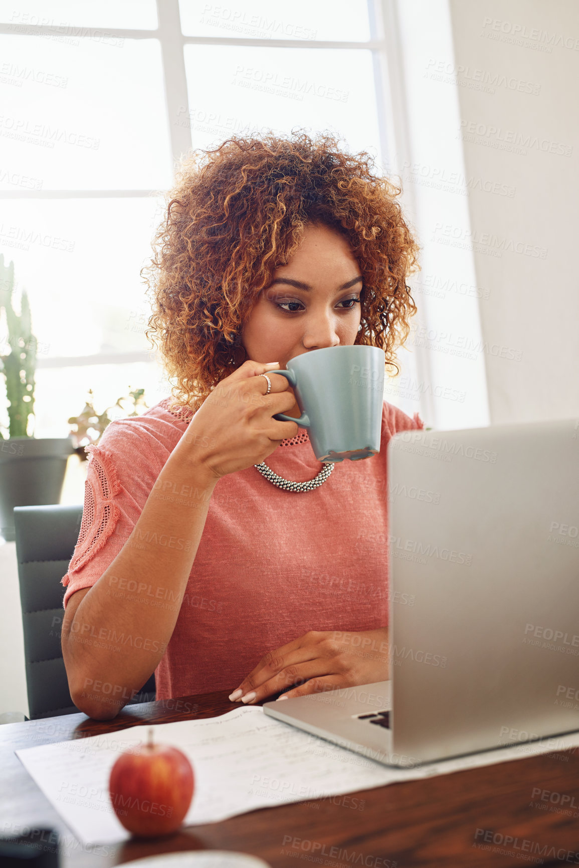 Buy stock photo Coffee, happy woman or designer with laptop for research, technology or stats analysis on website. Data analytics, typing or female person in office drinking tea, working on update or reading news