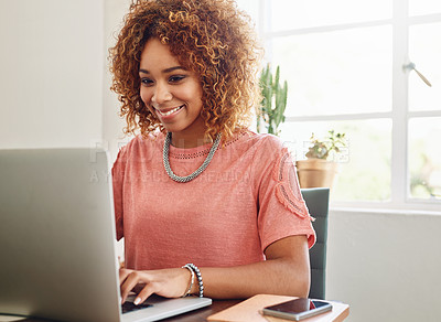 Buy stock photo Smile, typing or woman with laptop for research, editing or copywriting on blog or website. Happy African person, internet or female worker in workplace working on update, networking or reading news