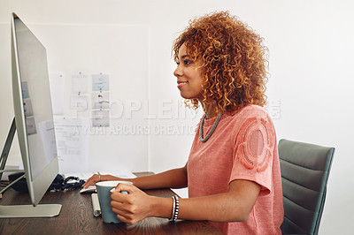 Buy stock photo Web design, coffee or woman with computer for research, editing or copywriting on blog or website. Happy African person, internet or worker in office, working on update, networking or reading news