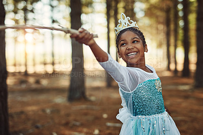 Buy stock photo Forest, princess costume and girl with stick for playing fantasy, childhood games and happiness. Nature, fairy tale and face of happy child in woods play with branch for adventure, freedom and fun