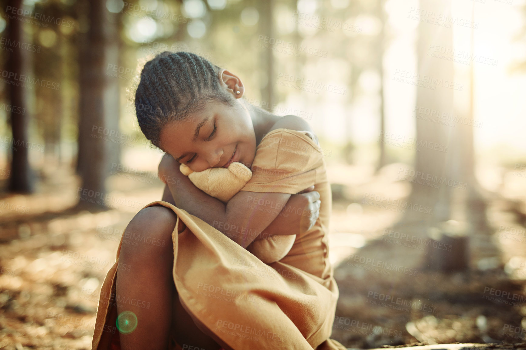 Buy stock photo Hug, girl or teddy bear in forest for happiness, care or fantasy play time in nature. Love, toy or little child in woods for embrace, fun or adventure in wilderness with plushie, comfort or childhood