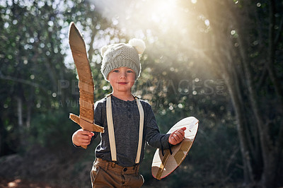 Buy stock photo Portrait of an adorable little boy playing with a cardboard sword and shield outside