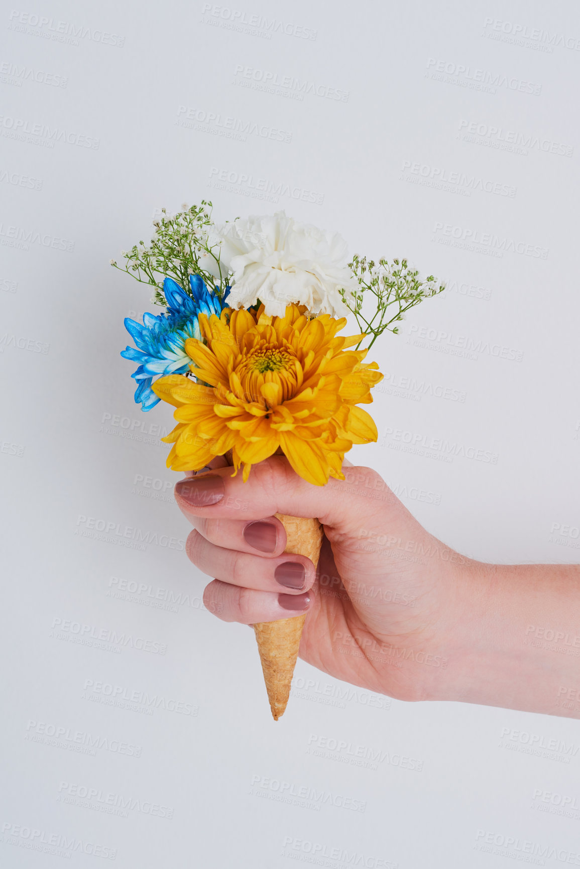 Buy stock photo Cropped shot of an unrecognizable woman holding a cone stuffed with flowers