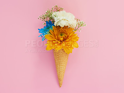 Buy stock photo Flowers, cone and ice cream in a studio for decoration, creativity or art with fresh and colorful bouquet. Creative, still life and blossom floral plants in a dessert isolated by pink background.