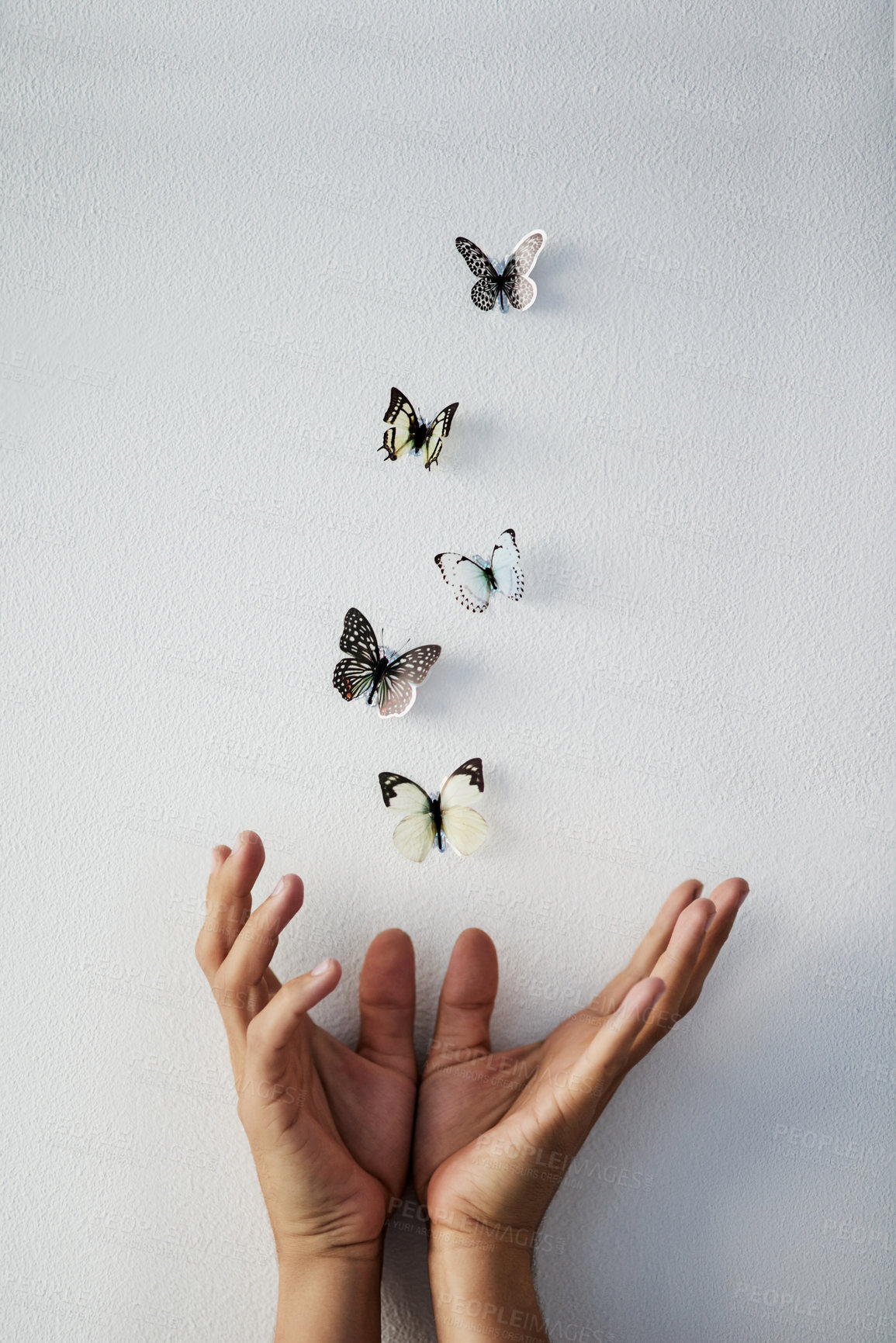Buy stock photo Studio shot of a unrecognizable persons hand releasing butterflies into the air on a grey background