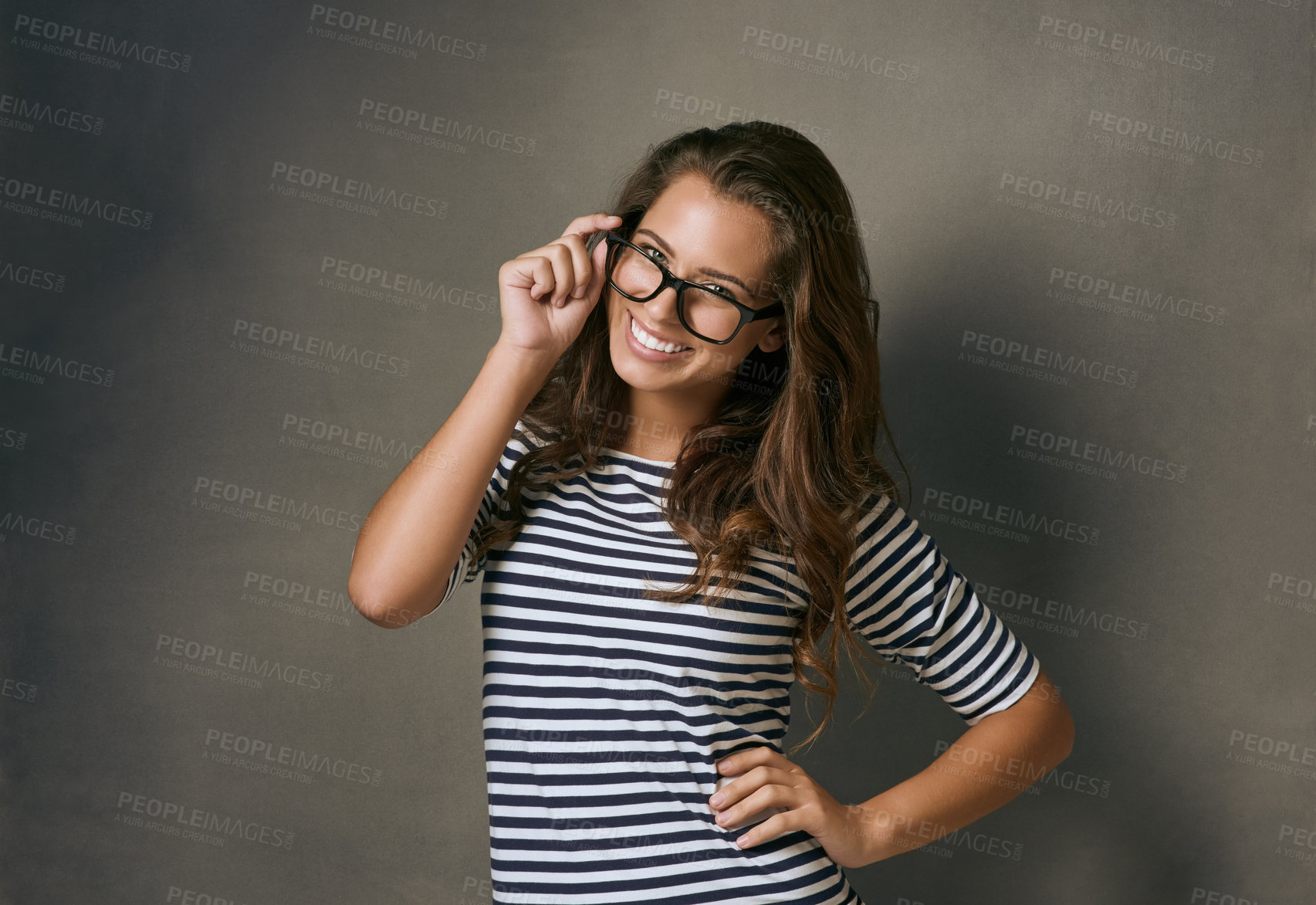 Buy stock photo Woman, portrait and smile with glasses in studio with prescription lens for eye care, optometry and healthcare. IT professional, confident and gray background with spectacles for vision and space.