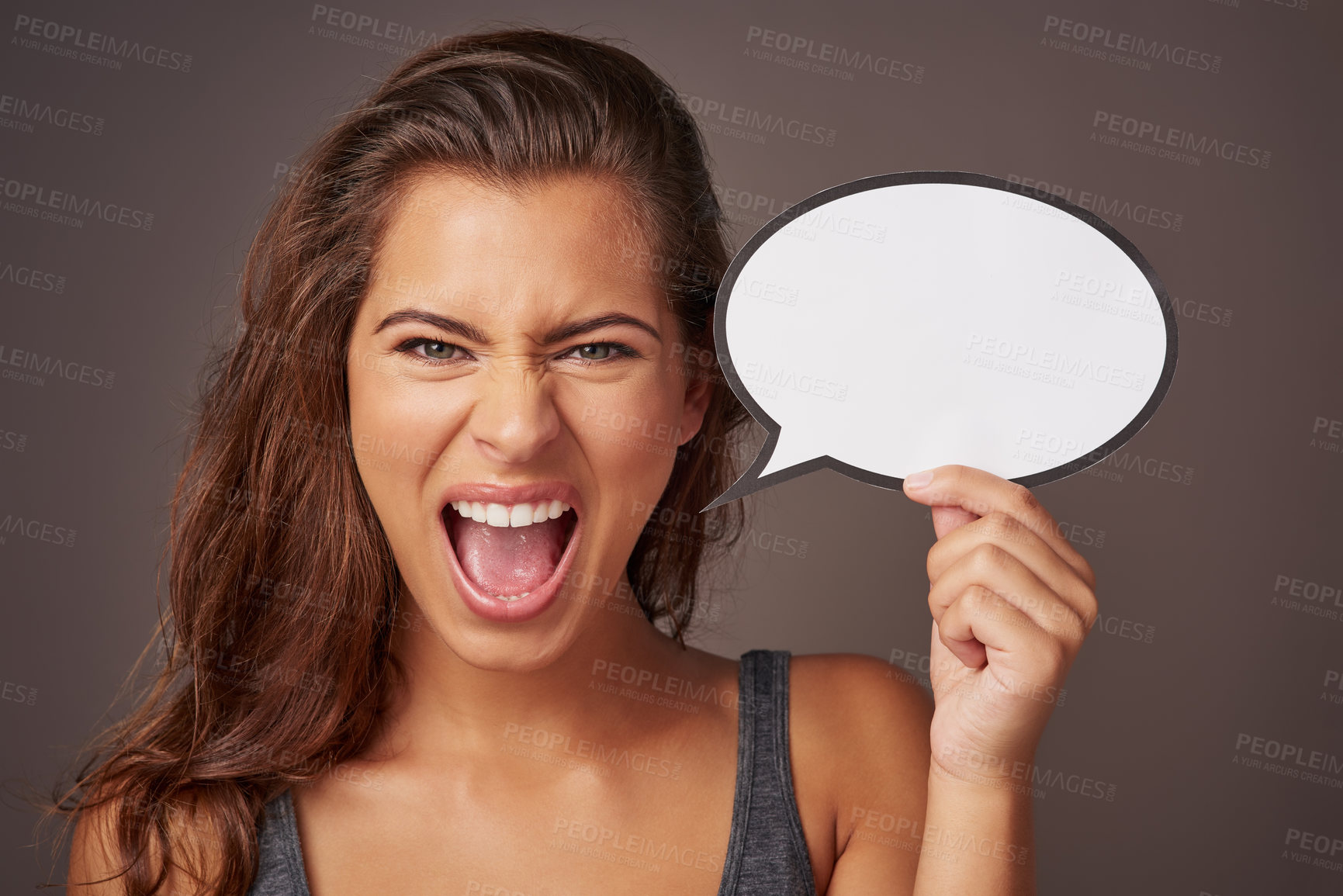 Buy stock photo Woman, speech bubble and scream in studio background for product advertisement, promotion and sale. Girl, shouting and portrait with sign board for instructions, information and tips in mockup