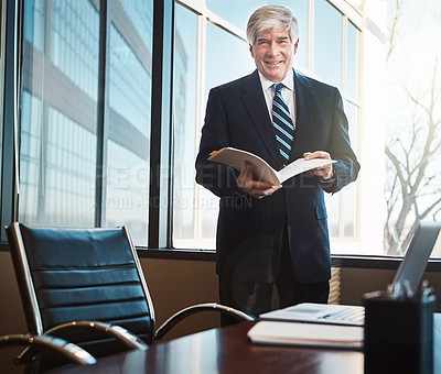 Buy stock photo Cropped portrait of a mature businessman reading paperwork in his office