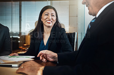 Buy stock photo Business woman, man and documents for meeting with graphs, stats and information for financial compliance. Risk analyst, paperwork and smile with entrepreneur for charts, info and review in office