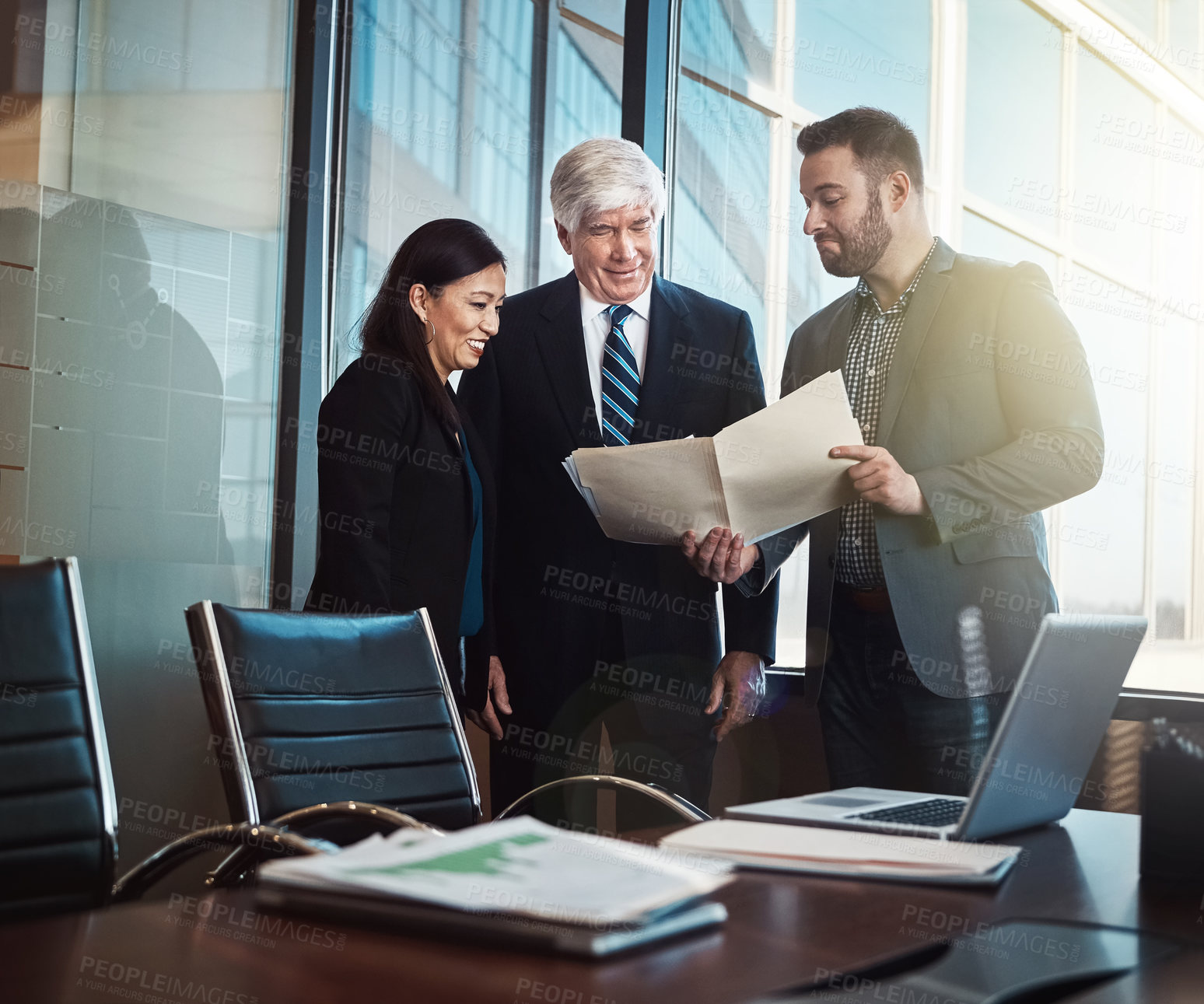 Buy stock photo Business man, woman and paperwork in boardroom with discussion, computer and reading at financial agency. People, team and group with documents for stats, feedback and collaboration in modern office