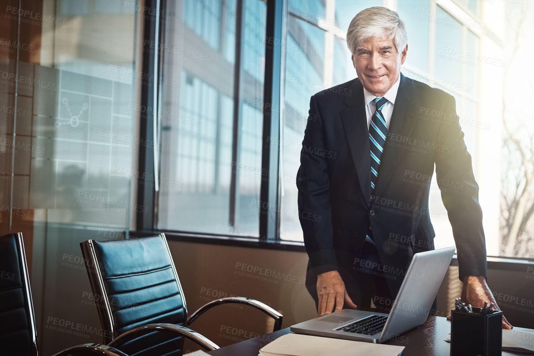 Buy stock photo Business, man and happy with portrait in office for legal counsel, career experience or about us. Attorney, mature person and smile at law firm for practice management, corporate justice or integrity
