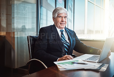 Buy stock photo Businessman, ceo and corporate office with laptop, documents for manager and company. Experienced, accountant person and agency with expert in portrait with smile, confidence and pride for career 