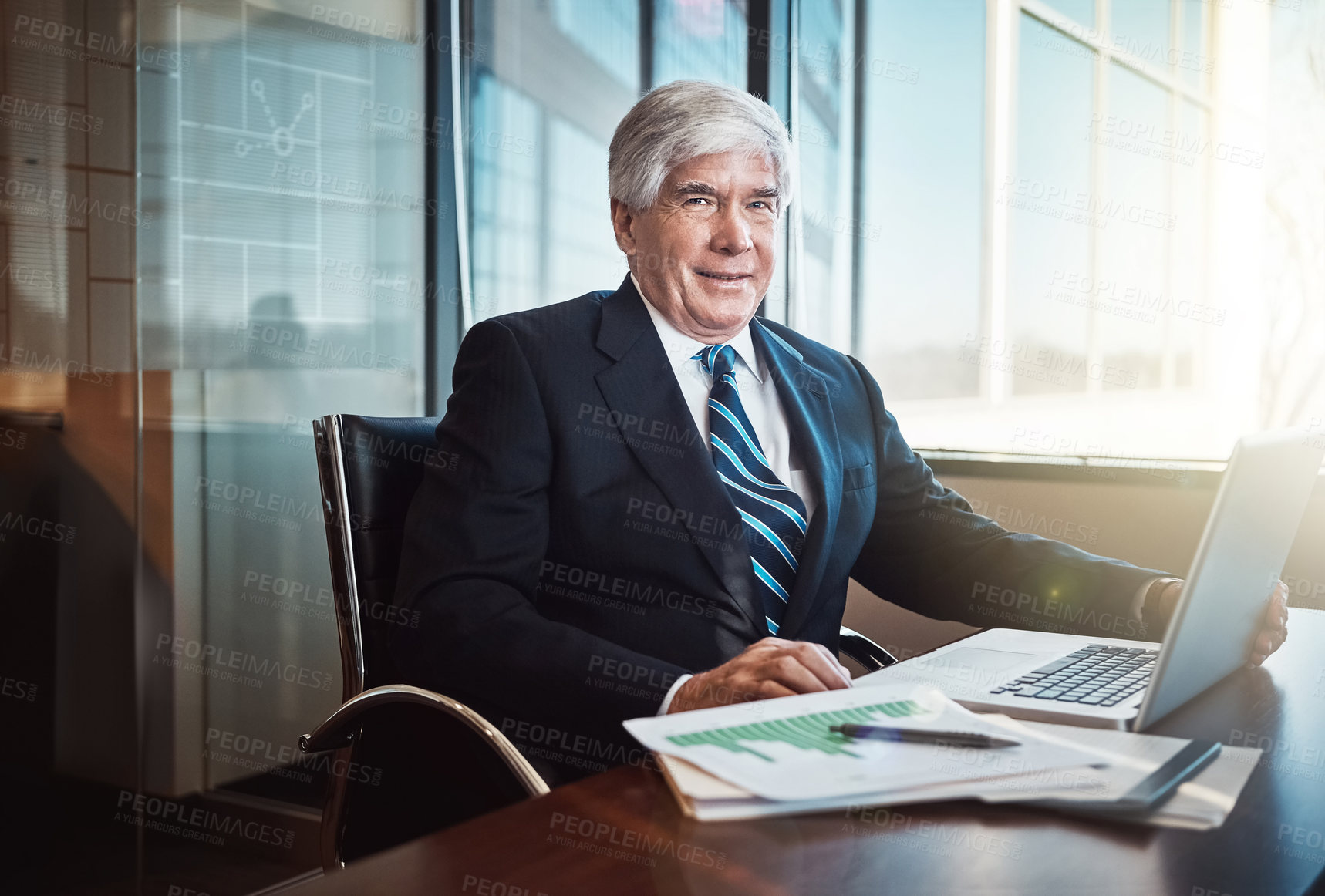 Buy stock photo Businessman, ceo and corporate office with laptop, documents for manager and company. Experienced, accountant person and agency with expert in portrait with smile, confidence and pride for career 