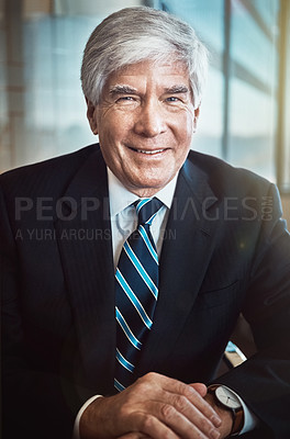 Buy stock photo Mature businessman, ceo and portrait in office with smile for experience with confidence for company. Lawyer, advocate and law firm with manager or boss with worker, pride and expert in career.