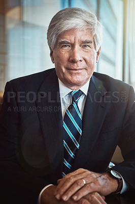 Buy stock photo Senior businessman, portrait and ceo in office with confidence, experience and workplace with smile. Lawyer, advocate and law firm with manager or boss with worker, pride and expert in career