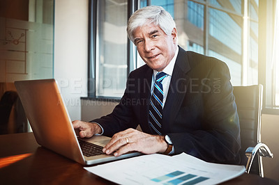 Buy stock photo Portrait, ceo and businessman with smile in office with experience, confidence and documents. Advocate, lawyer and law firm with boss or manager with laptop, pride and expert in career with notes