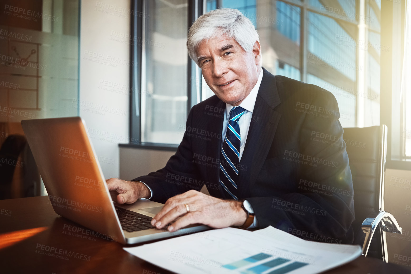 Buy stock photo Portrait, ceo and businessman with smile in office with experience, confidence and documents. Advocate, lawyer and law firm with boss or manager with laptop, pride and expert in career with notes