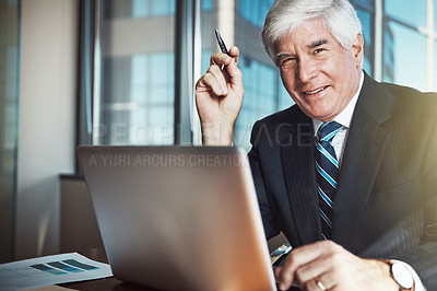 Buy stock photo Portrait, senior businessman and ceo with smile in office for confidence with professional experience. Accountant, invoicing and management with expert financial advisor for payroll with trust.