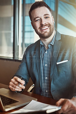 Buy stock photo Smile, portrait and man with laptop in office as Lawyer for legal research, document draft or review case strategy. Male attorney, notebook and information to schedule appointment of client proposal