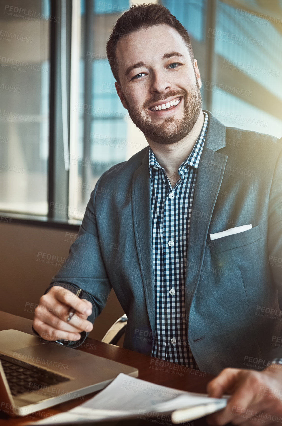 Buy stock photo Smile, portrait and man with laptop in office as Lawyer for legal research, document draft or review case strategy. Male attorney, notebook and information to schedule appointment of client proposal