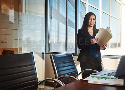 Buy stock photo Paperwork, portrait and business woman in office with folder of financial budget report for planning. Smile, finance and Asian female investment banker with company stock market analysis documents.