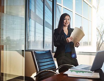 Buy stock photo Folder, portrait and business woman in office with documents of financial budget report for planning. Smile, finance and Asian female investment banker with company stock market analysis paperwork.