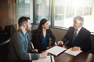 Buy stock photo Men, woman and lawyer with documents in boardroom for discussion, negotiation and legal compliance. People, business owner and attorney with paperwork, laptop and listen to advice for company growth