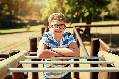 Buy stock photo Portrait of a little boy playing on the jungle gym at the park