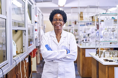 Buy stock photo Scientist, lab and portrait of black woman with arms crossed for healthcare, medical research and pride. Science, happy and face with smile for medical test, vaccine study and pharmaceutical service