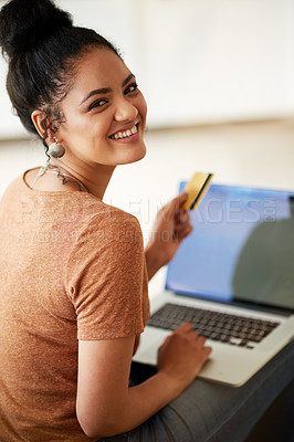 Buy stock photo Woman with smile, laptop and credit card with ecommerce, online shopping and payment on store website. Young female person at home, portrait and happy with internet banking, finance and fintech