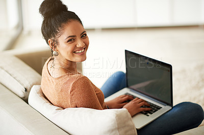 Buy stock photo Happy woman in portrait, couch and laptop, typing for blog and freelance copywriter working from home. Female freelancer in living room, copywriting and writing on pc with technology and remote work