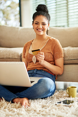 Buy stock photo Woman relax with laptop, credit card and online shopping with payment on store website, fintech and smile in portrait. Female person at home, happy with internet banking and finance with e commerce