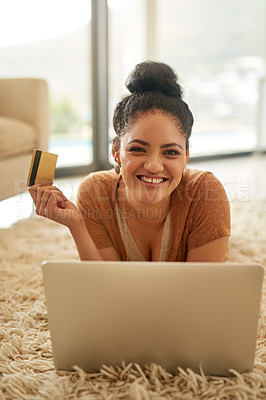 Buy stock photo Woman with laptop, portrait with credit card and online shopping with payment on store website, fintech and smile. Female person at home, happy with internet banking and finance with e commerce