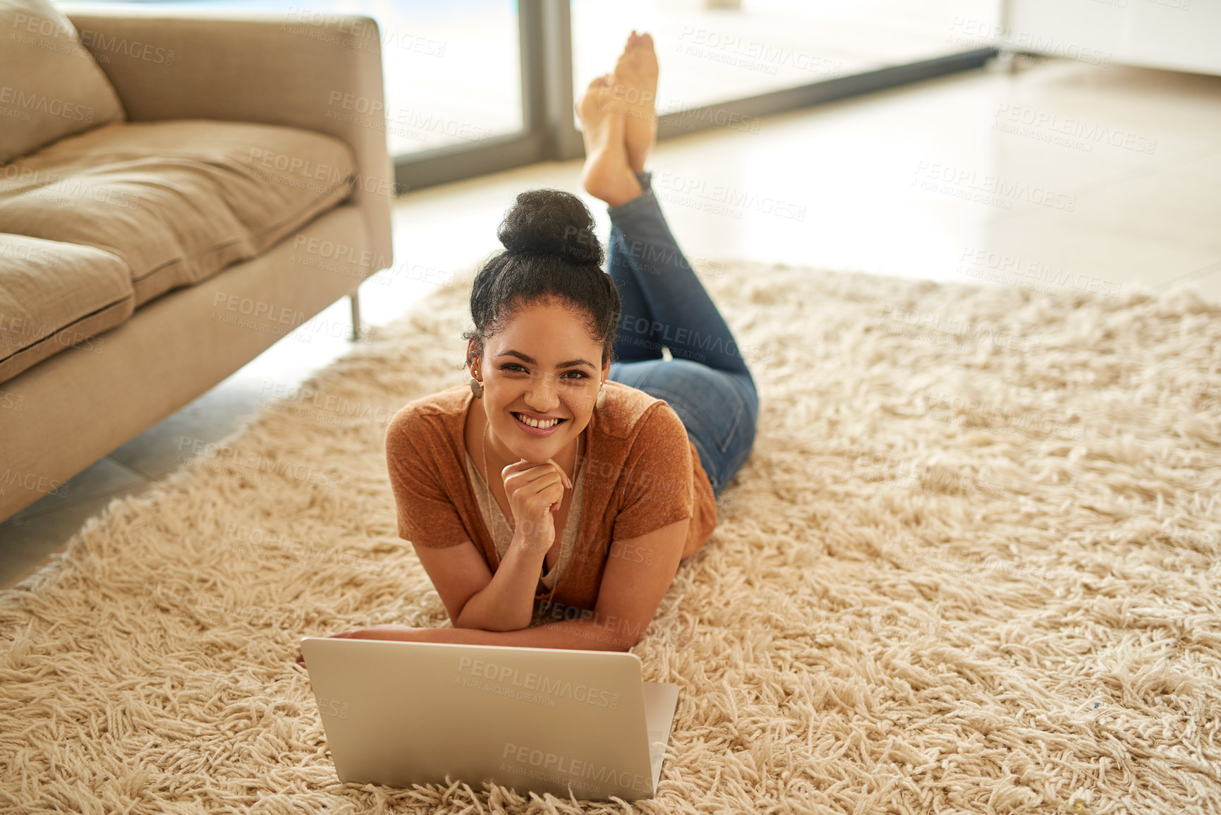 Buy stock photo Woman, portrait and relax on floor with laptop for watching series, scrolling social media and playing online games. Girl, person and happy with tech for streaming subscription and dating app in home