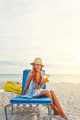 Buy stock photo Sea, chair and happy woman with cocktail on vacation, travel and summer holiday outdoor on island in Maldives. Beach, laughing and tourist girl with alcohol fruit drink at ocean mockup space to relax